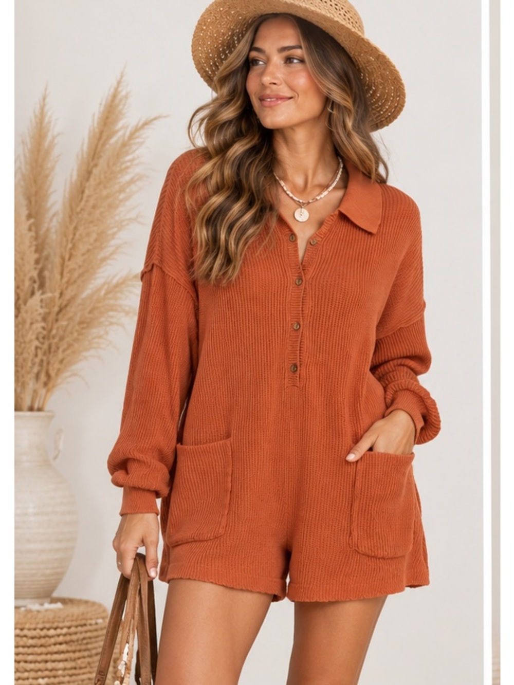 Free People Beach Salmon Long Sleeve Coastal Boho Ribbed Knit Romper Small P